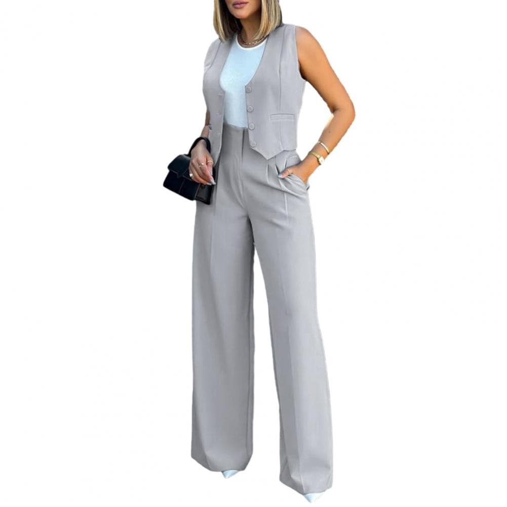 Women Vest Pants Set Elegant Lady Baggy Pants Set with Vest for Women High Waist Wide Leg Pants Solid Color Streetwear Outfit XXL light grey