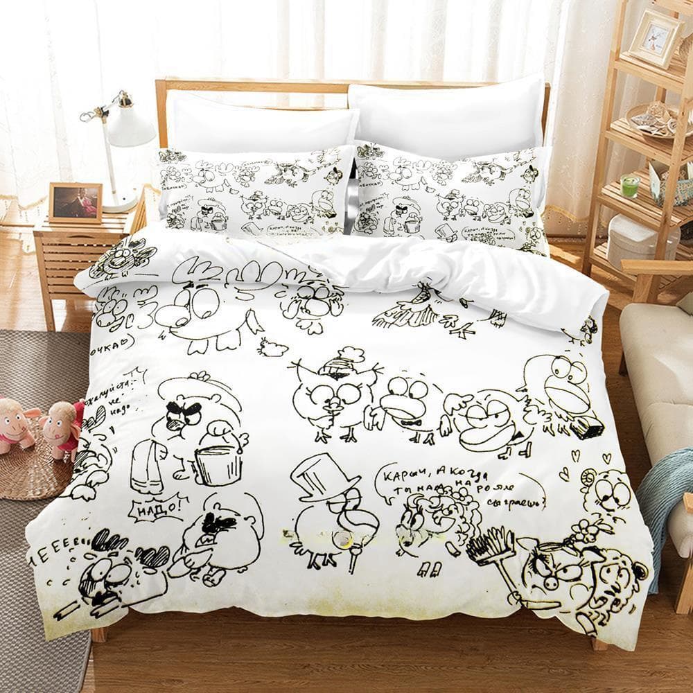 Smeshariki Bedding Set Single Twin Full Queen King Size Bed Set Adult Kid Bedroom Duvet cover Sets 3D Print Anime Bed Sheet Set AU King(245x210cm)