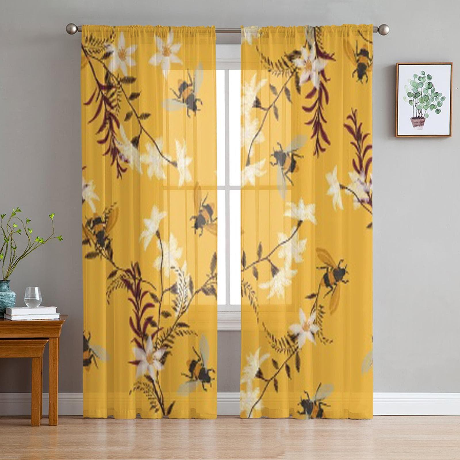 Bee Butterfly Flowers Luxurious Chiffon Sheer Curtains for Living Room Bedroom Decoration Window Voiles Tulle Curtain 135W x 114H(cm)