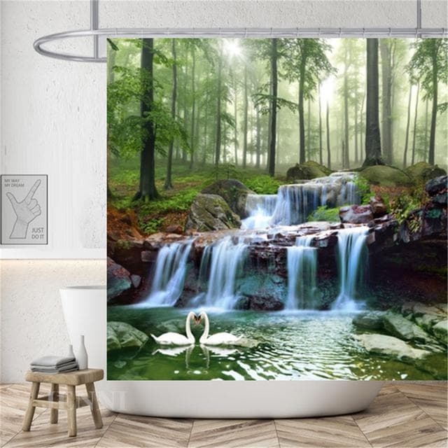 Rural Landscape Creek Stone Lotus Buddha Shower Curtain Bathroom Curtain Fabric Waterproof Polyester Bathroom Curtain with Hooks 150*180cm