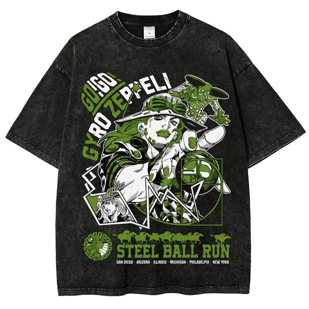 JOJO Bizarre Adventure Gyro Zeppeli T Shirt Men Vintage Washed Oversized Tees Anime Graphic T-shirts Streetwear Cotton Tops Men Women L blue