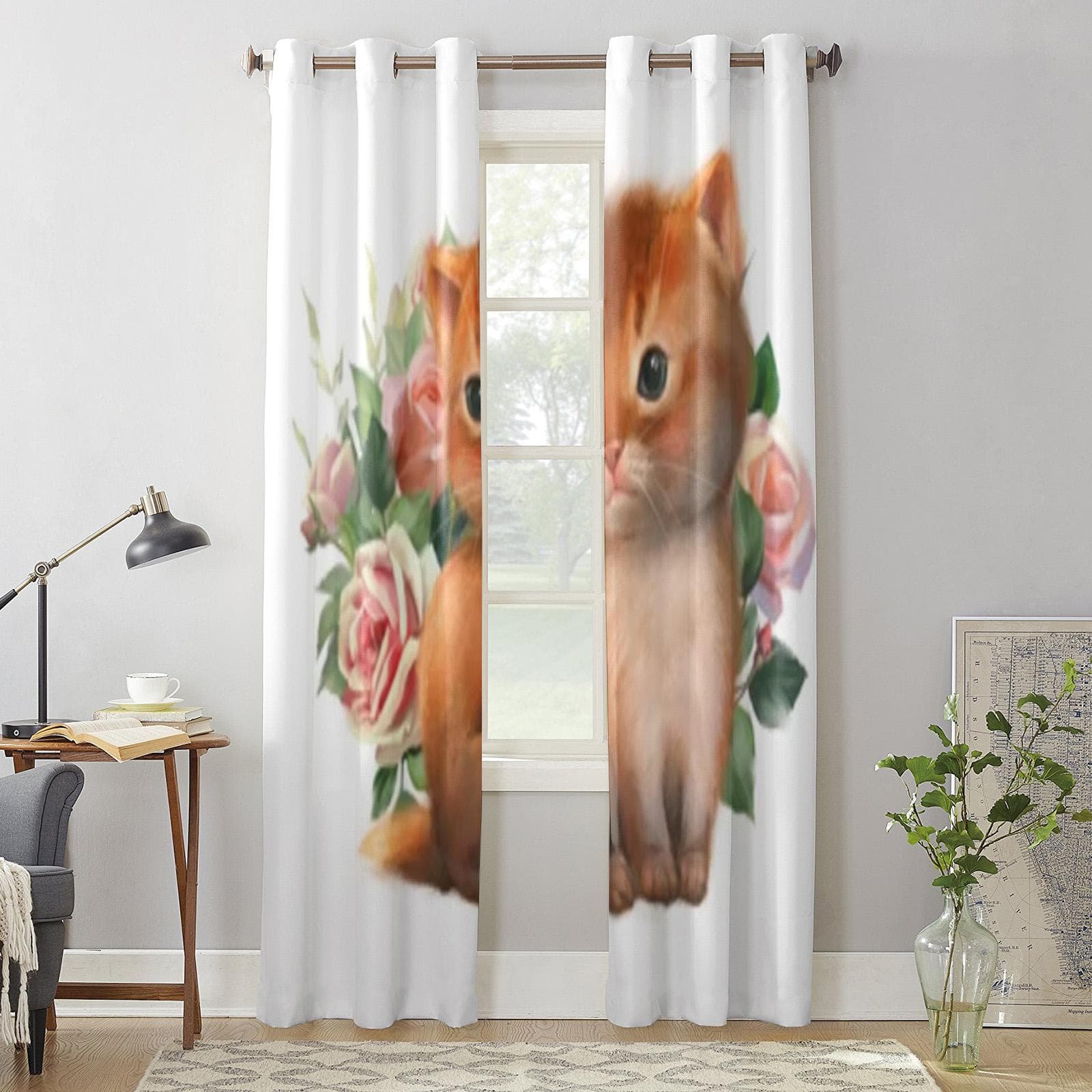 Cute Cat With Roses Window Curtain For Kids Room Home Blinds Curtains For Living Room Bedroom Window Drapes 135W x 60H(cm) x1