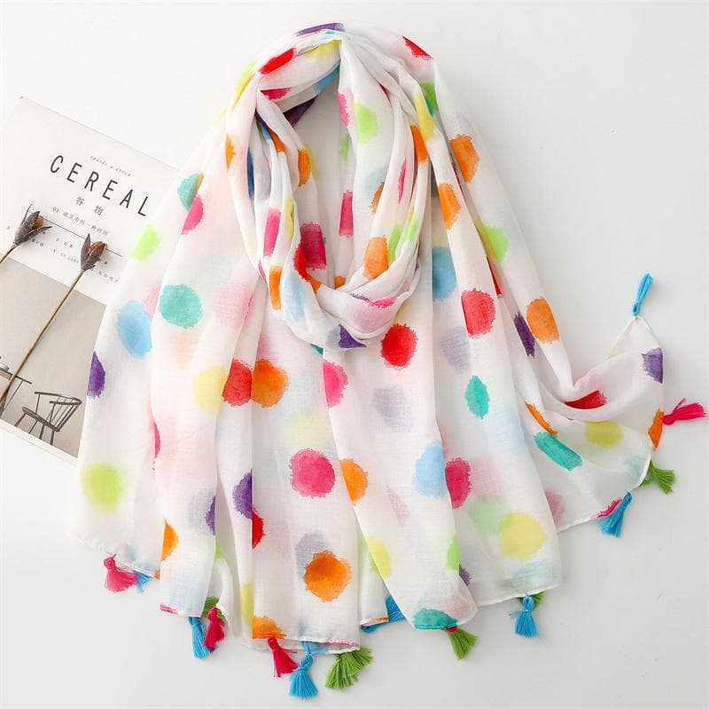 Four Season Universal Cotton And Linen Hand Feel Scarf, Bright Colored Polka Dot Thin Style Tassel Scarf, Shawl For Women 180*88