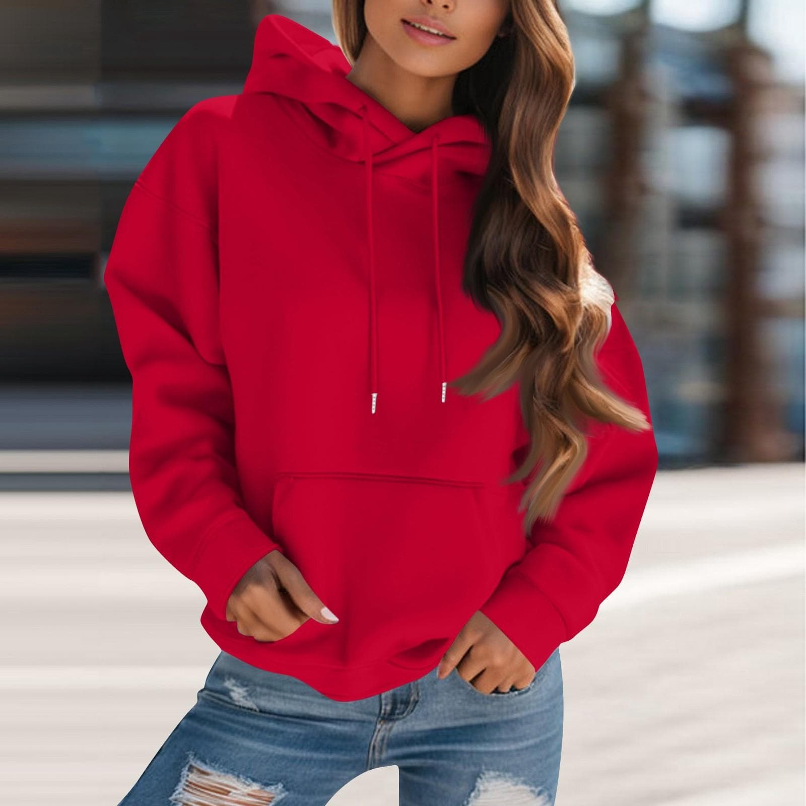 Women's Fashion Solid Color Hooded Drawstring Long Sleeve Loose Pullover Sweatshirt Top S red