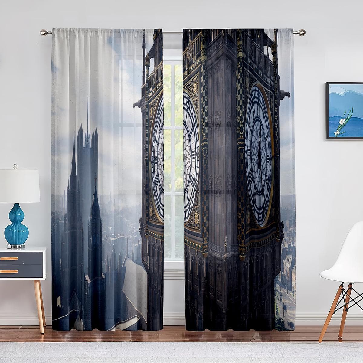 London Scenery Famous City England Big Ben Tulle Sheer Window Curtains for Living Room Bedroom Modern Voile Curtains Decoration 1 PCS W100XH250cm&Grommet Top