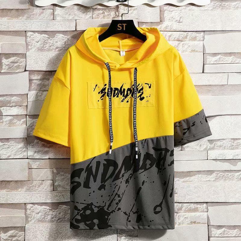 Men's Summer Short-Sleeved Hooded T-Shirt - Korean Style Trendy Five-Point Sleeves for Teens and Boys M yellow