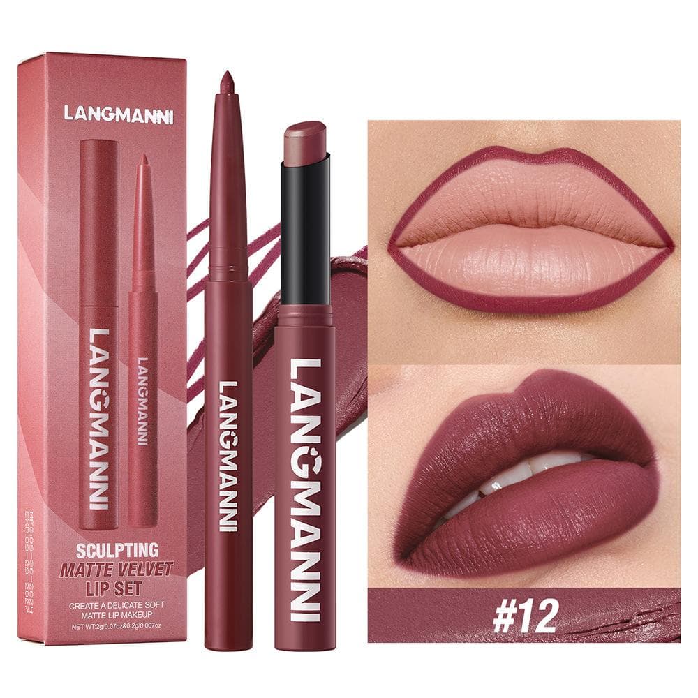 Waterproof Matte Lipliner Pencil and Lipstick Set Red Contour Tint Lipstick Long Lasting Non-stick Cup Moisturising Lips Makeup 12 Colors