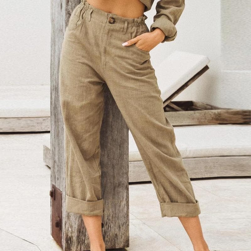 Spring Summer Autumn Pure Color Cotton and Linen Fashion Loose High Waist Casual Trousers Women M khaki
