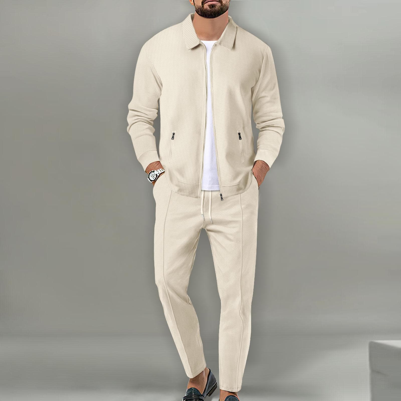 Men's Casual Blazer Set Fashion Waffle Baseball Suit Round Neck Pocket Zipper Long Sleeve Trousers Two-piece Set XXXL khaki