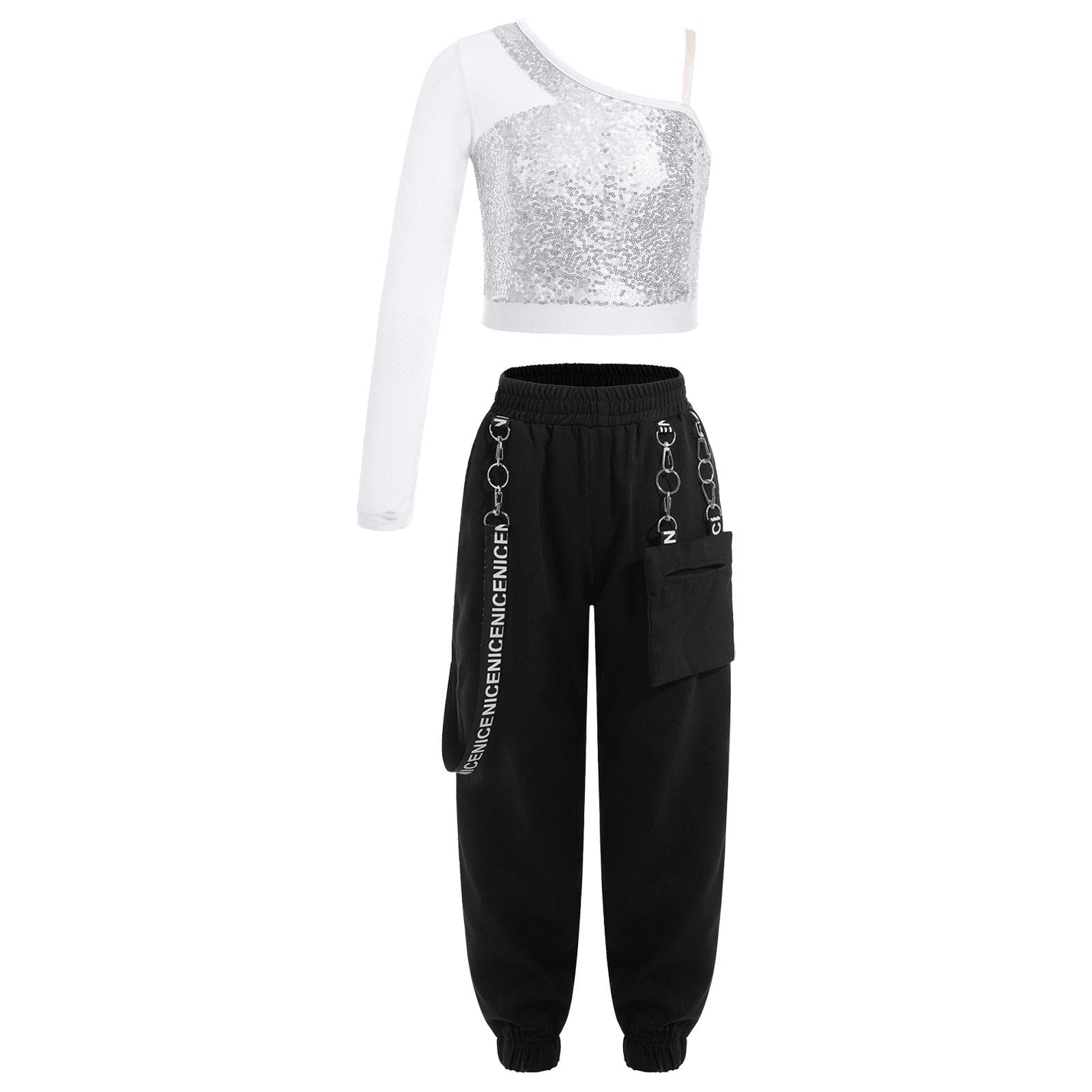 Kids Sequin Embellished Sheer Sleeve Crop Top and Chain Detail Pants Jazz Performance Outfit 15-16 Years silver
