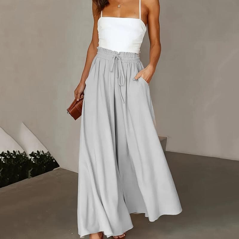 Women's Summer Elastic Waist High Waist Wide Leg Long Skirt Pants L grey