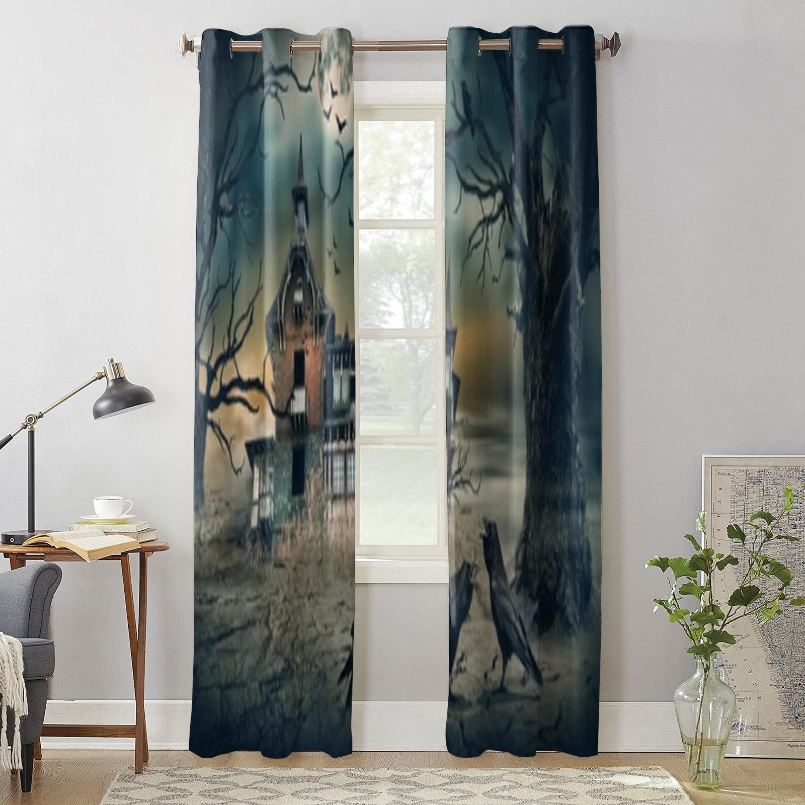 Haunted House With Dark Horror Window Curtain For Kids Room Home Blinds Curtains For Living Room Bedroom Window Drapes 135W x 60H(cm) x1