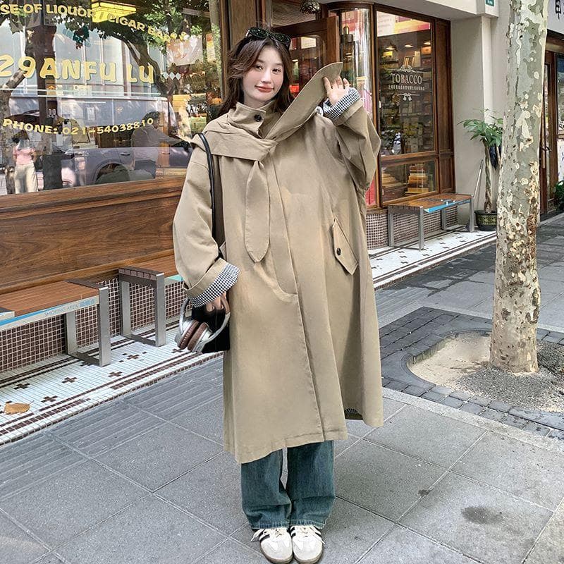 Khaki Design Casual Hooded Windbreaker Coat for Women Autumn New Korean Style Loose Mid-length Coat XL