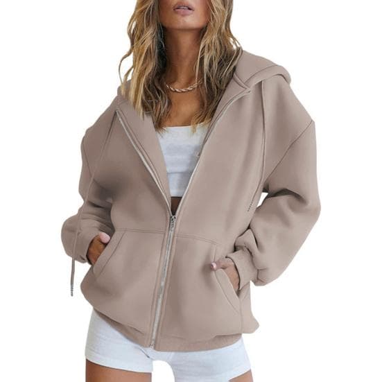 Women Zip Up Hoodies Long Sleeve Oversized Sweatshirt Fall Fleece Jackets with Pockets Casual Workout Outfits L camel