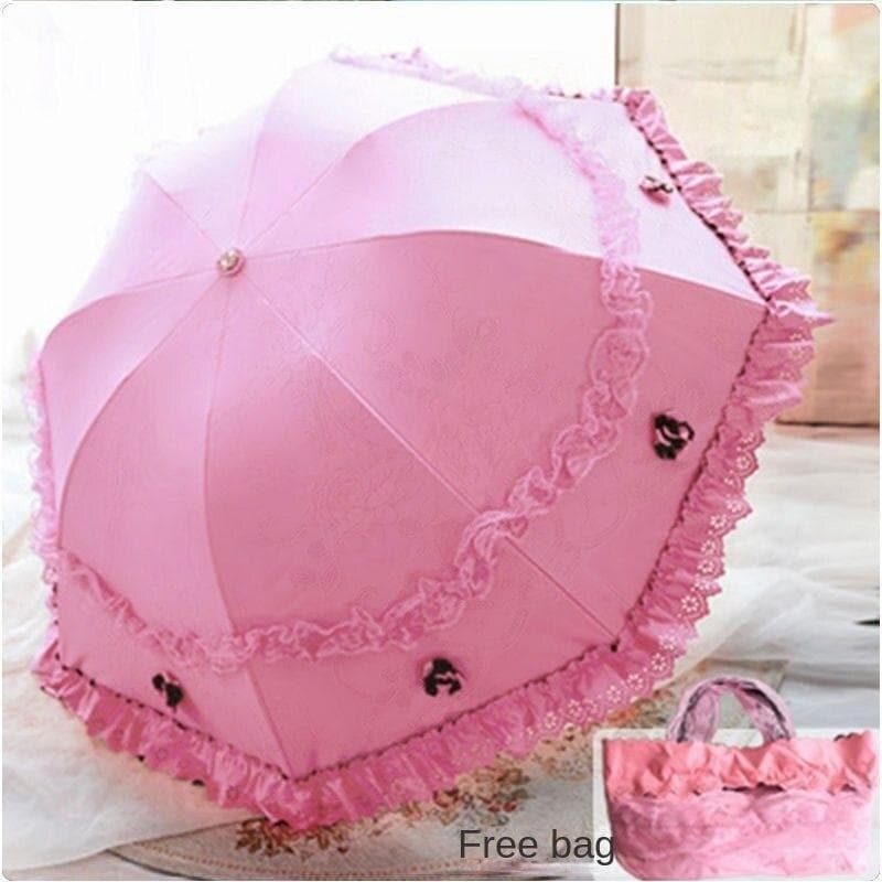 Sun umbrella sunscreen UV-proof vinyl umbrella upscale folding lace eye umbrella dual-use. pink