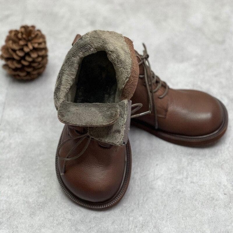 Johnature Genuine Leather Winter Boots Women Shoes Zip Round Toe Flat With Handmade Leisure Sewing Ankle Ladies Boots 39-Plush coffee