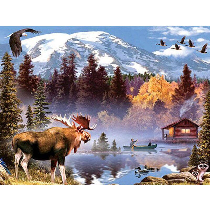 Diamond Embroidery Elk with House Diamond Painting Cross Stitch Rhinestone Sika Deer and Reindeer 20X30CM