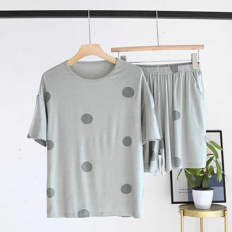 New summer women's short-sleeved shorts two-piece set 100% cotton knitted thin section polka dot ladies homewear set XL green