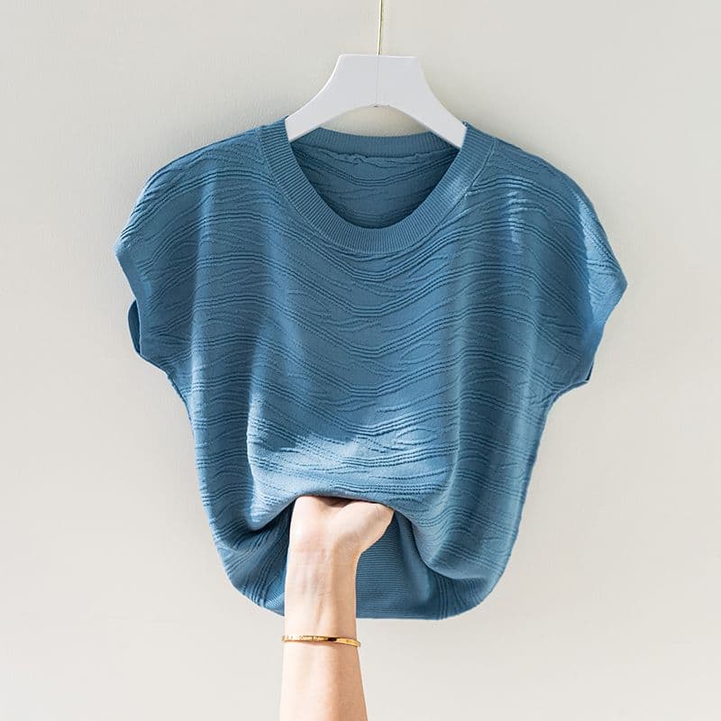 Summer Ice Silk Top Women's T-shirt Short Sleeve Loose Large Bat Sleeve Knitted Shirt XL gray-blue