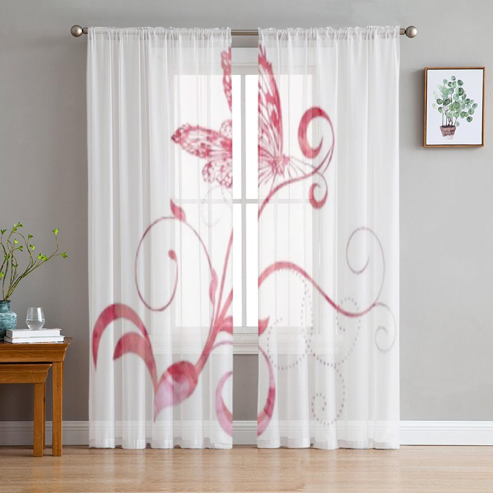 Red Pink Butterfly Curves Watercolor Chiffon Sheer Curtains for Living Room Bedroom Window Curtain Voiles Tulle Cortinas 135W x 114H(cm)