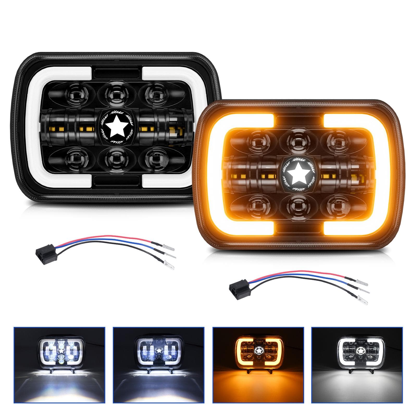 2 PCS 7 LED Headlights, Rectangular Headlamps with High Low Beam DRL Turn Signal Replacement for