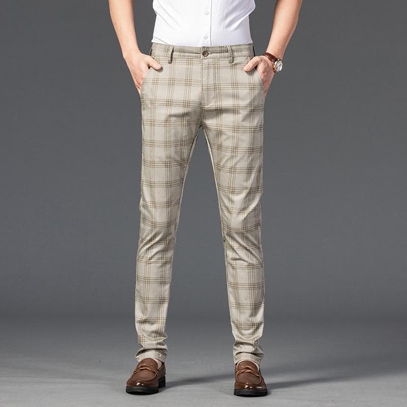 High-quality Business Men's Plaid Pants Straight Leg Slim Pants Casual Pants Long Pants 36 light khaki