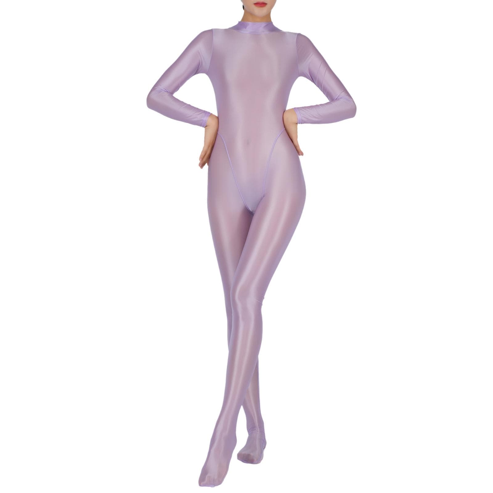 Womens Full Body Jumpsuit Sports Gym Yoga Tights Bodysuit Mock Neck Long Sleeve Footed One Piece Jumpsuit Clubwear Sportwear XL/XXL purple