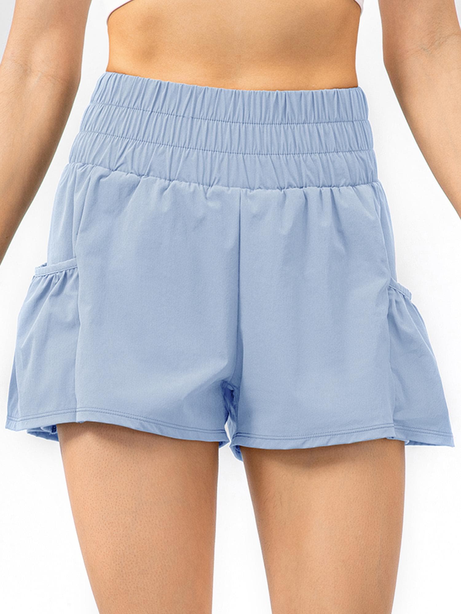 Women Running Shorts 2in1 with Pockets Wide Waistband Coverage Layer Liner Sport Shorts for XXL light blue