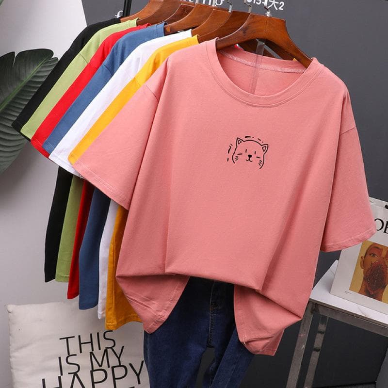 Kawaii Summer T Shirt Women Oversized Soft Tees Cotton Loose Bouses Tops 5XL pink