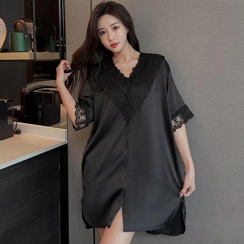 Ice Silk Nightgown Female Boyfriend Style Shirt Dress Lace Sexy Summer Thin Mid-length Spring and Autumn Silk Pajamas XL black