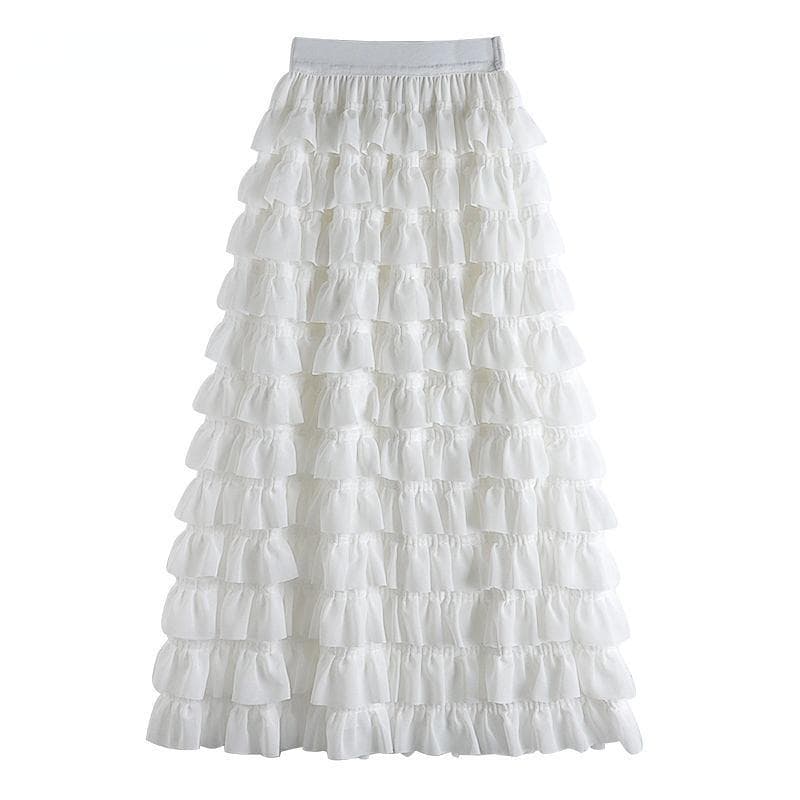 Spring Solid Color New Long Chiffon Stitching Elastic Skirt Chiffon Multilayer Women XL white