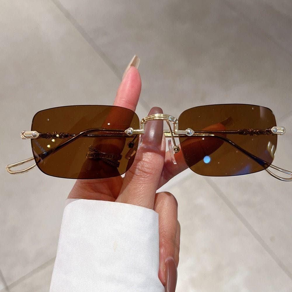 Metal Rectangle Sunglasses Fashion Rimless UV400 Vintage Shades Eyewear for Women