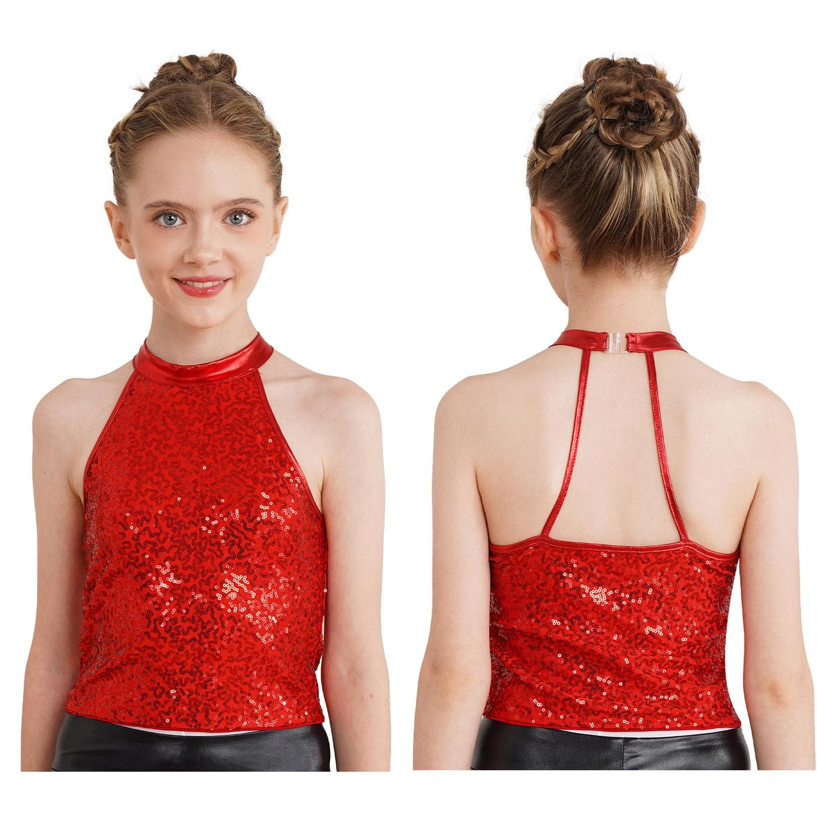 Kids Girls Sleeveless Backless Shiny Sequin Halter Crop Top for Dance Gymnastic Costume 11-12 Years red