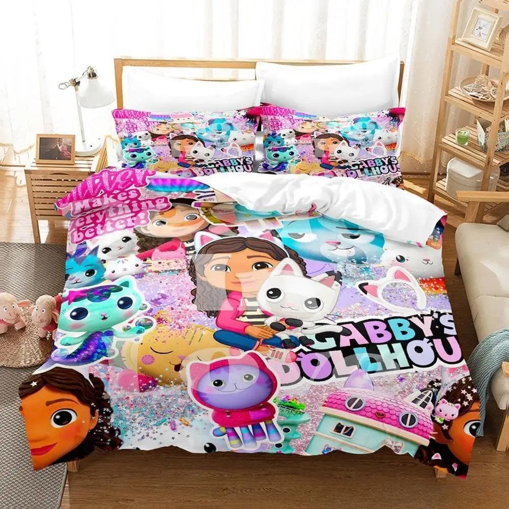Gabbys Dollhouse Bedding Set Single Twin Full Queen King Size Bed Set Adult Kid Bedroom Duvet cover Sets 3D Anime Bed Sheet Set AU Queen 210x210cm