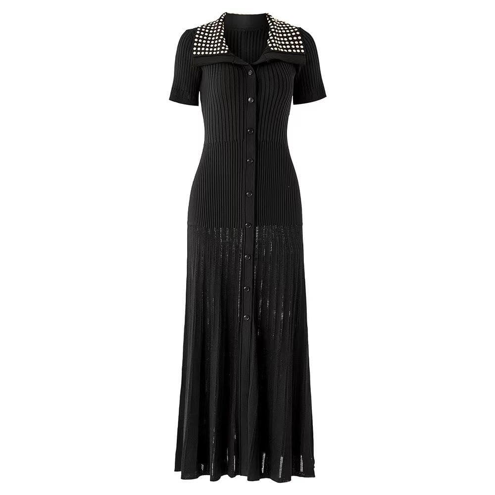 2025 European Hot-Fix Rhinestone Knit Dress, Short Sleeve Lapel Style Large black