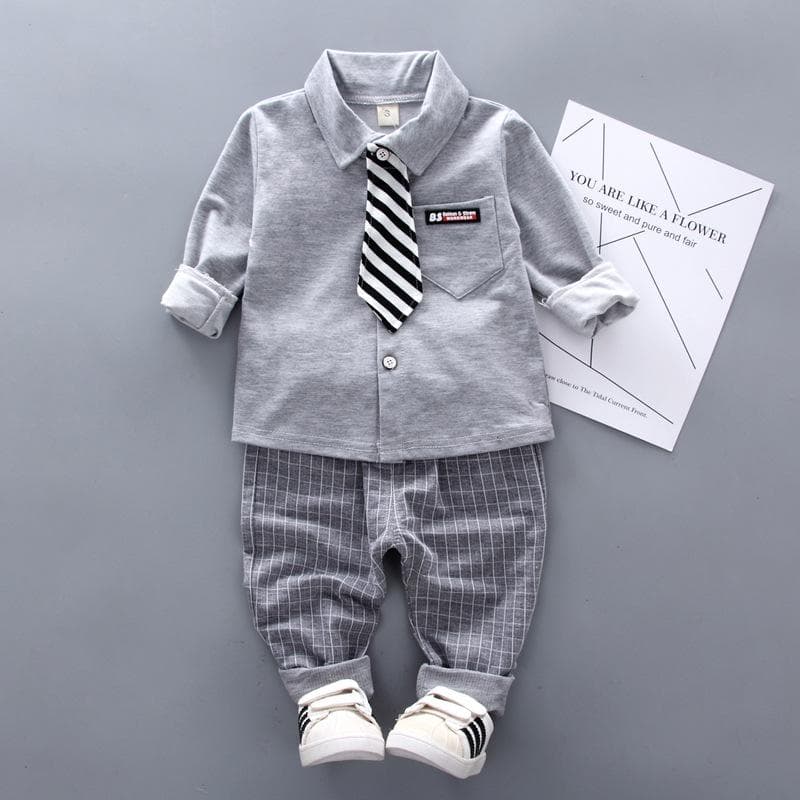 Boys Autumn Clothing Suit Baby Gentleman Boy Tie Shirt + Pants Toddler Baby Boys Outfits Clothes Set 90cm grey