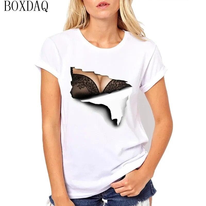 Women Summer Cool T-Shirts Sexy Perspective 3D boobs Print Short Sleeve Ladies T Shirt Summer O-Neck Breast Pattern Street Tops XL