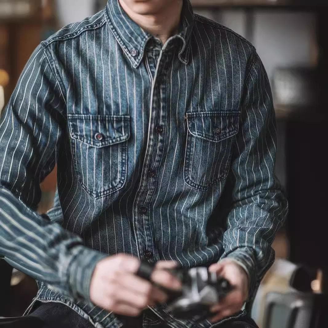Men's Spring and Fall Washed Vintage Aged Denim Shirt Youth Long Sleeve Striped Workwear Top L blue