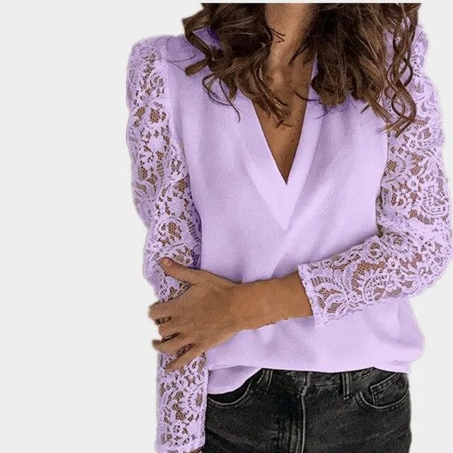 Women's Sweet Lace Spliced Long Sleeve Chiffon Shirt Autumn/Winter Office Lady Solid V-Neck Blouse Women Clothing S-5XL S purple