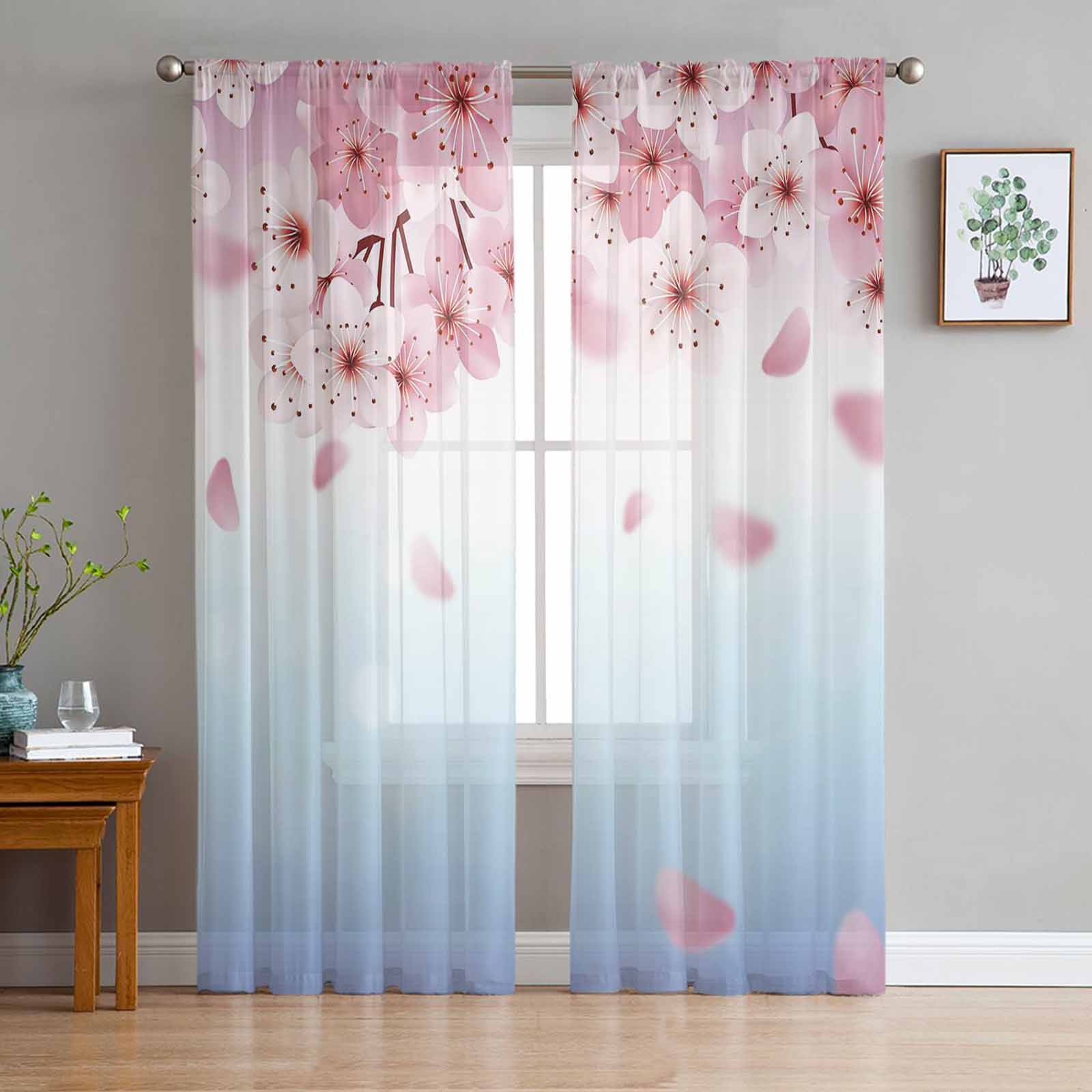 Watercolor Painting Flowers Leaves Tulle Curtains For Living Room Sheer Curtain Bedroom Voile Decorative Window Treatments 135W x 114H(cm)