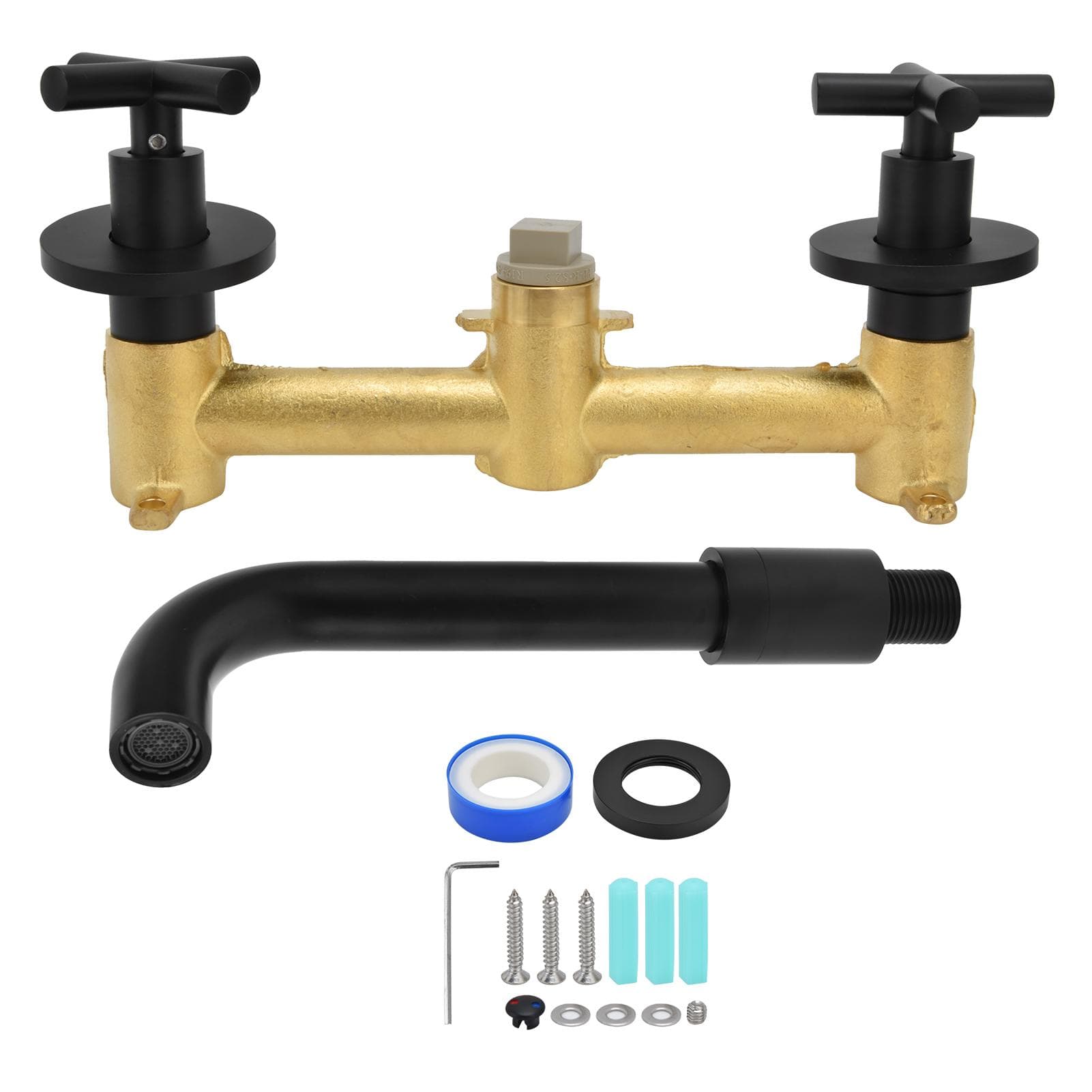 G1/2in In Wall Faucet Double Handle Control Cold Hot Water Tap Matte Black Basin Faucet