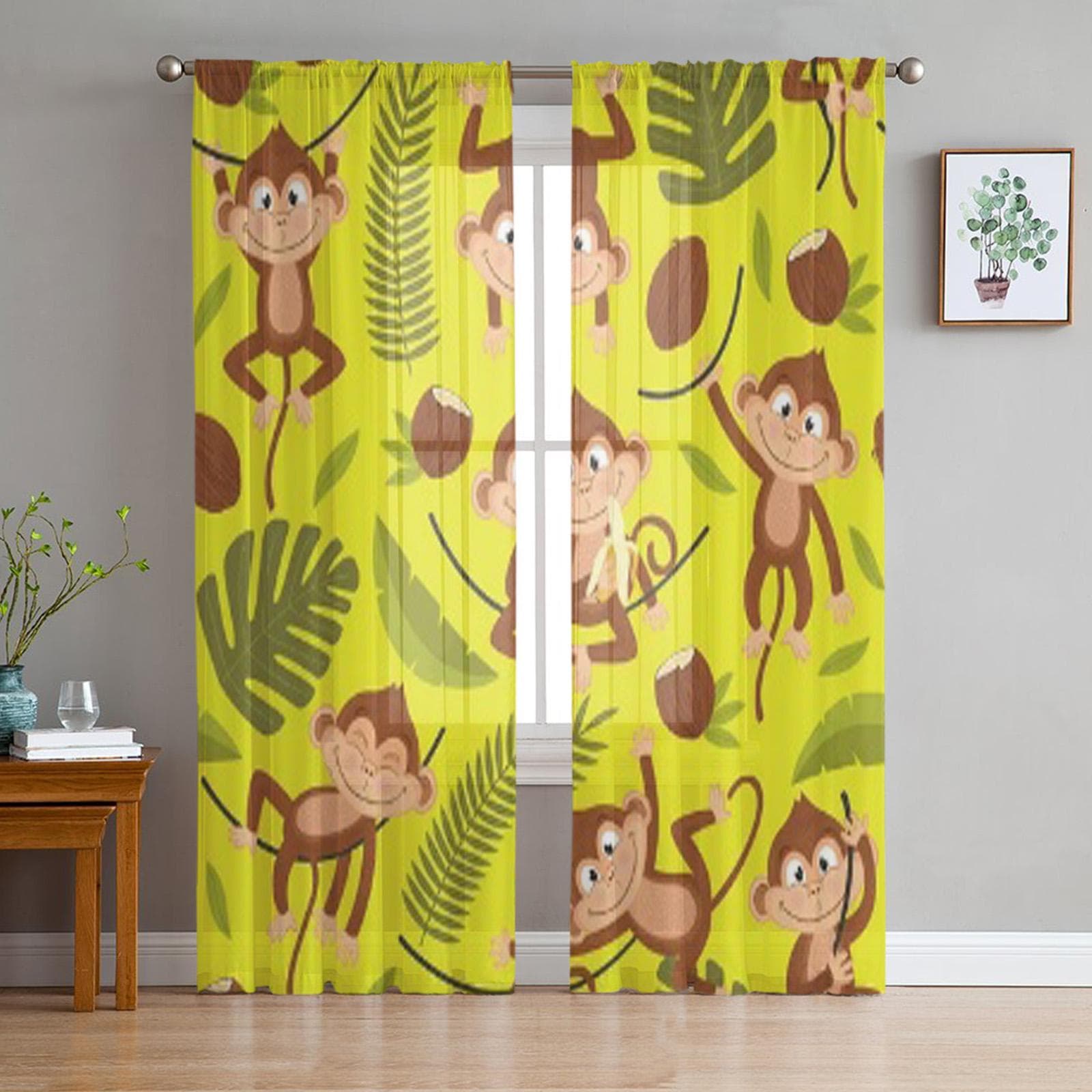 Monkey On Yellow Tulle Sheer Window Curtains For Living Room The Bedroom Modern Chiffon Voile Organza Curtains Decor Drapes 135W x 114H(cm)