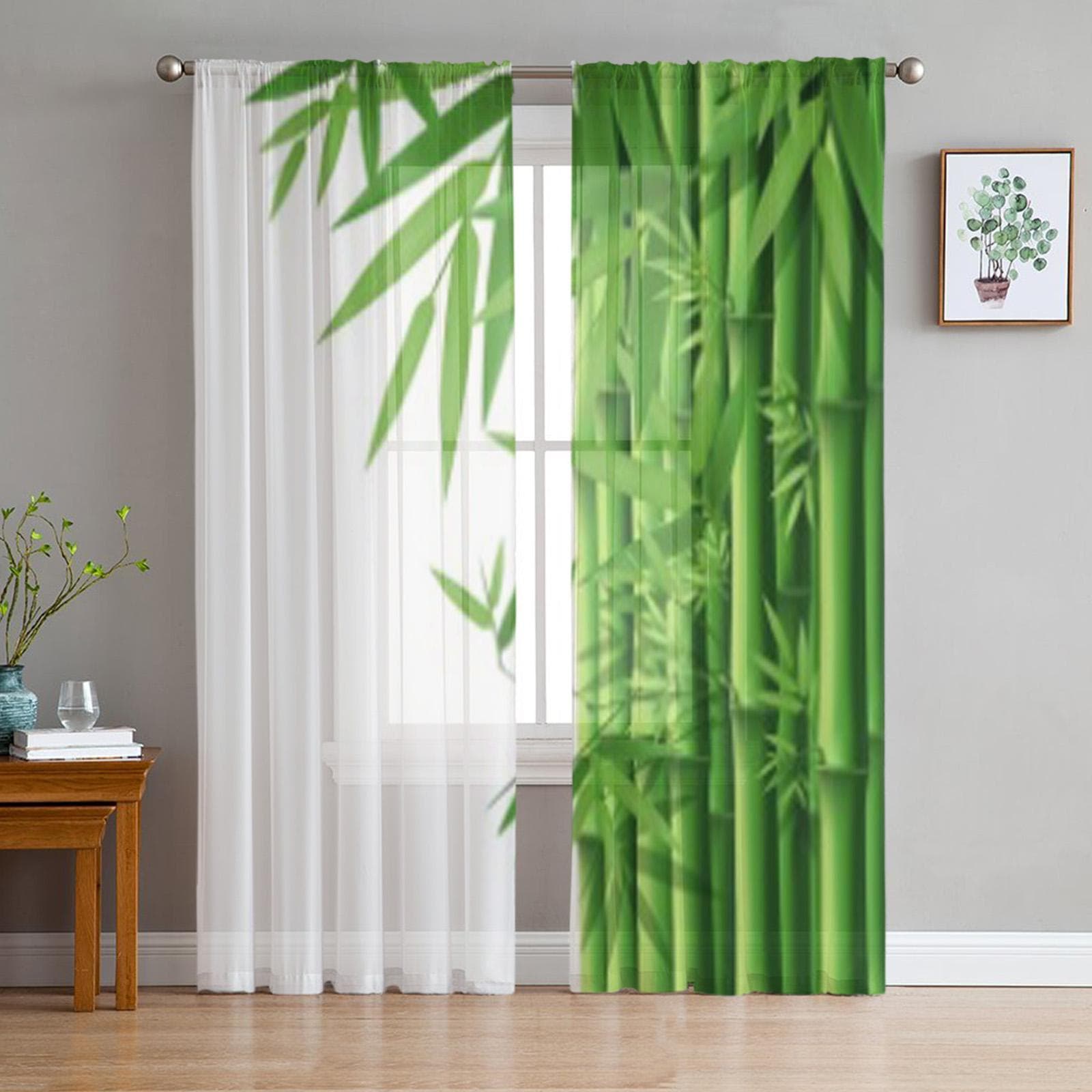 Bamboo Green White Plant Tulle Sheer Curtains for Living Room the Room Bedroom Kitchen Decoration Voile Organza Curtains 135W x 114H(cm)