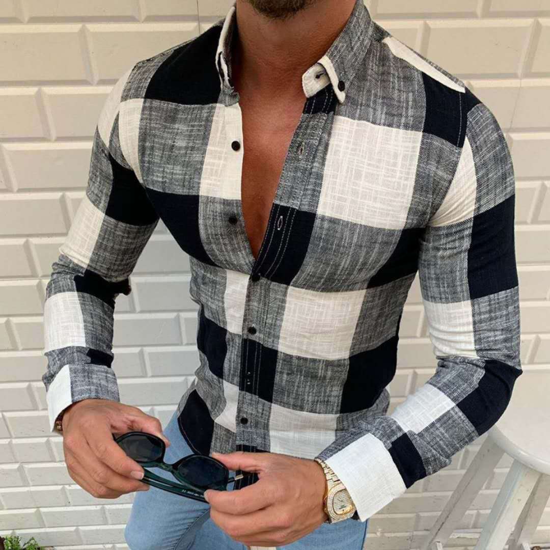 Fashion Men's Plaid Shirt Long Sleeved Cool Slim Fit Polo Shirts L black