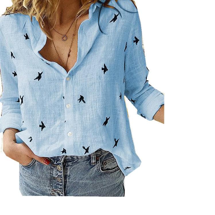 GMXIA Women's Fashion Casual Solid Color Print Long Sleeve POLO Neck Loose T-shirts and Linen Shirt Tops M