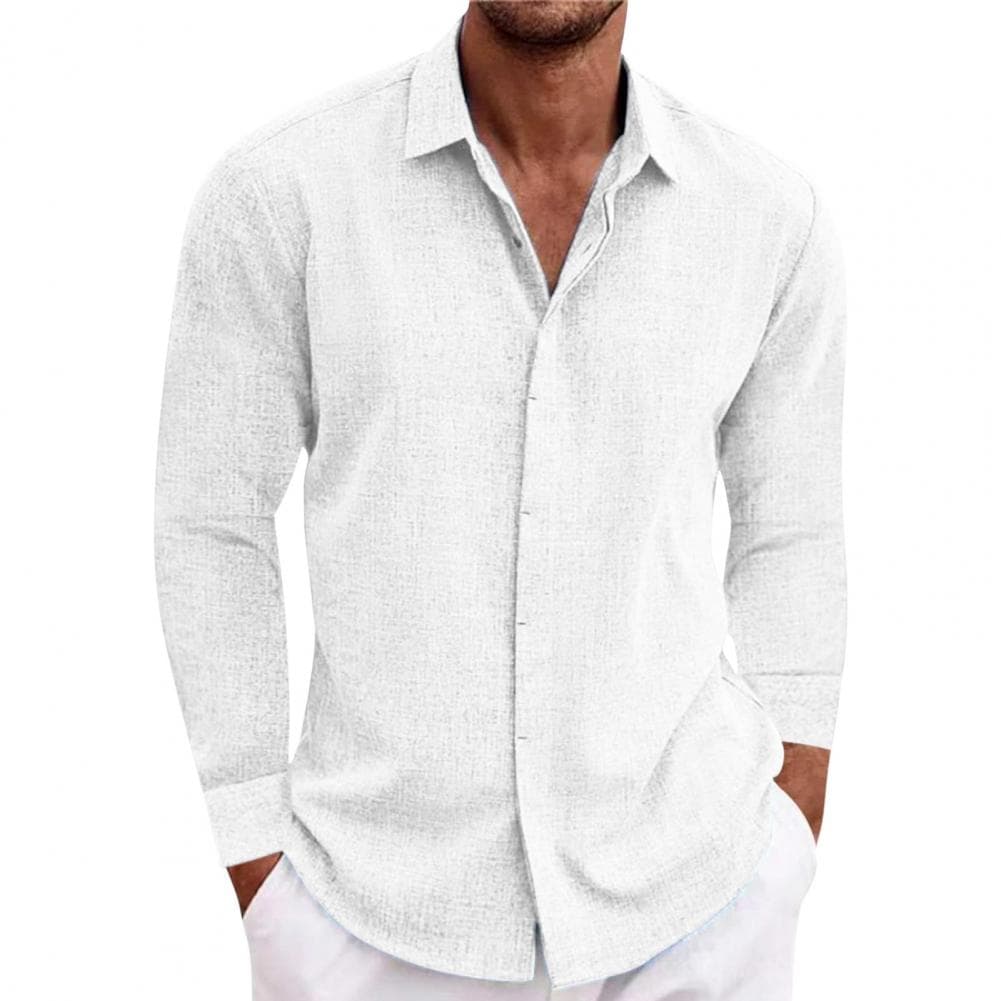 Fall Spring Men Shirt Button-down Turn-down Collar Cardigan Long Sleeves Loose Mid Length Casual Daily Wear Office Business Top L white