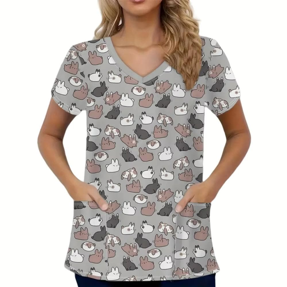 V-Neck Pocket Women Nurse Uniform Cartoon Rabbit 3d Print Medical Nursing Scrubs Female Working Tops Uniforme Hospital New 2025 4XL