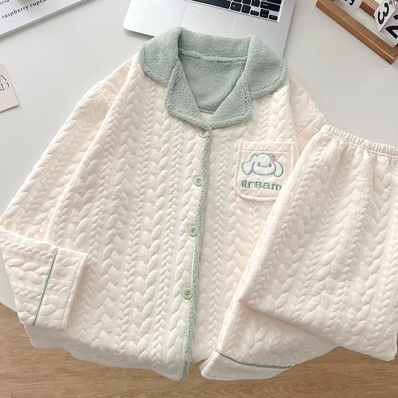 Cartoon Pajamas New Winter Warm Cardigan Loose Women's Pajamas Casual Two-piece Home Clothes Set 2XL white