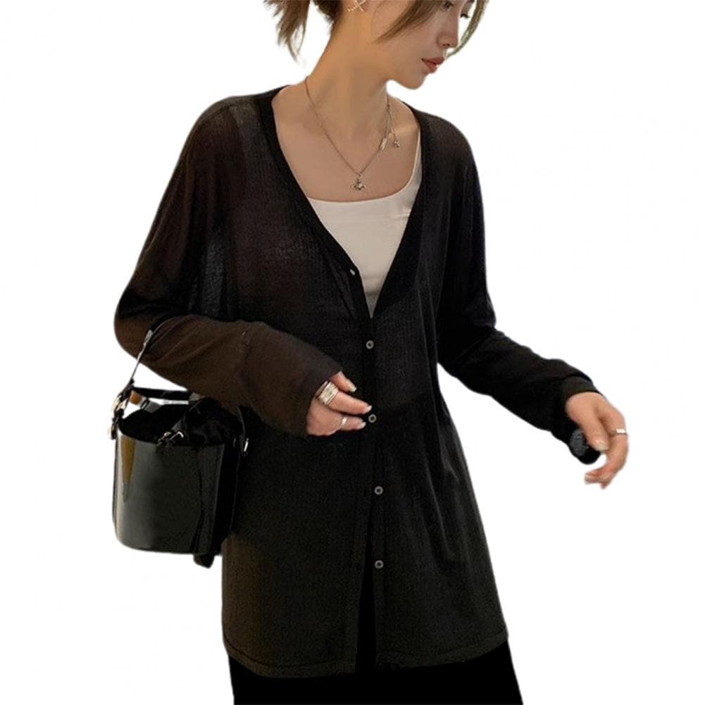Spring Autumn Cardigan Coat V-neck Long Sleeve Single Breasted Coat Solid Color Loose Fit Thin Jacket Daily Wear M black