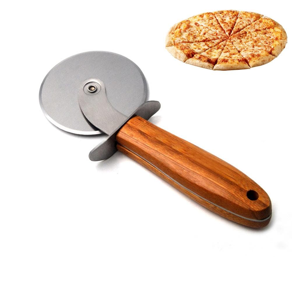 Stainless Steel Pizza Cutter Wheel Kitchen Pizza Cutter with Anti Slip Wooden Handle brown